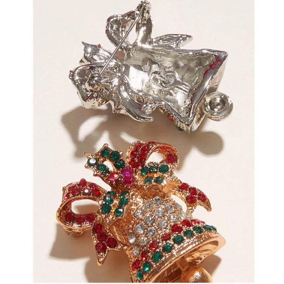 1 left! Set of 2 Christmas Bell Rhinestone Bow Bling Brooches - Picture 2 of 9